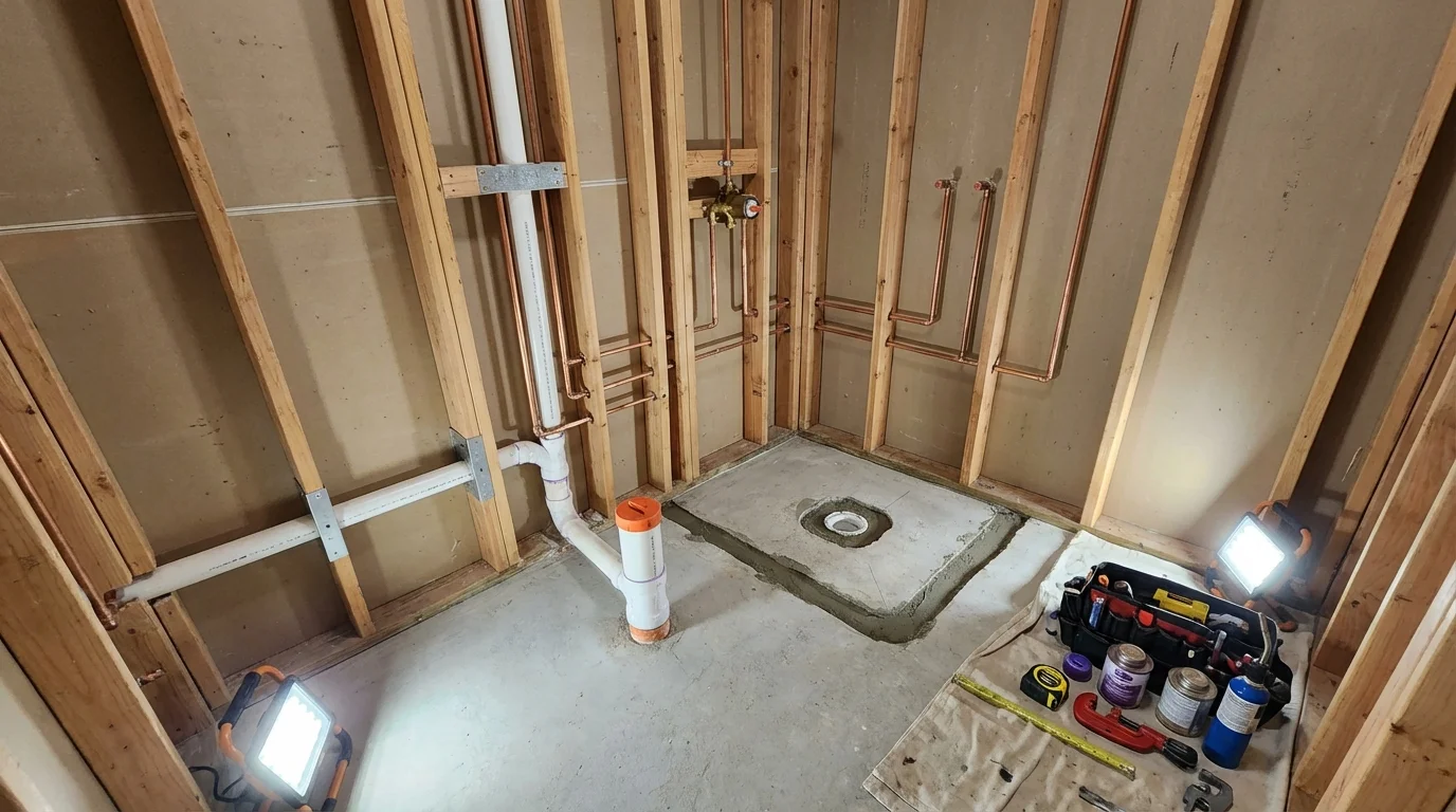 Bathroom rough-in plumbing during remodel by Johns Plumbing LLC in Advance