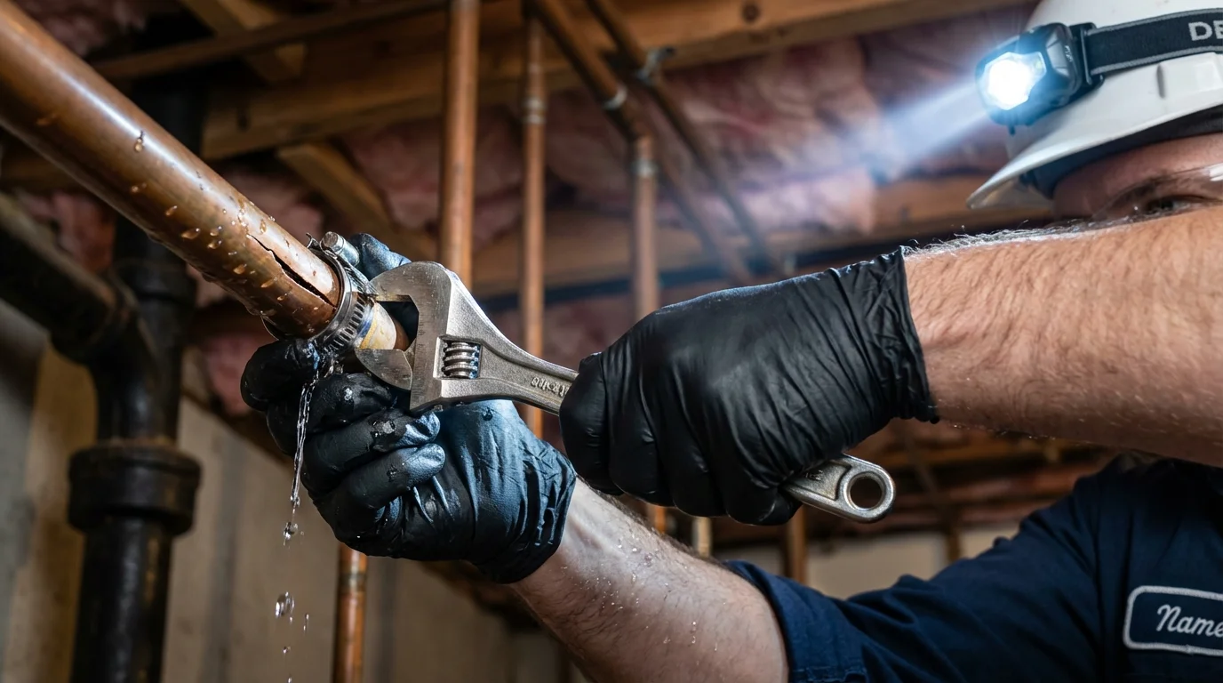 Emergency pipe clamp repair being performed by a Johns Plumbing LLC plumber in Advance