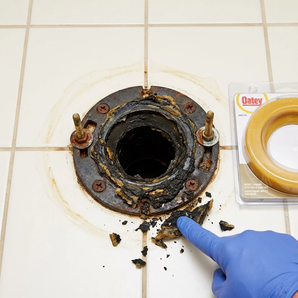 Failed wax ring showing water seepage at the base of a toilet in a Advance, MO home