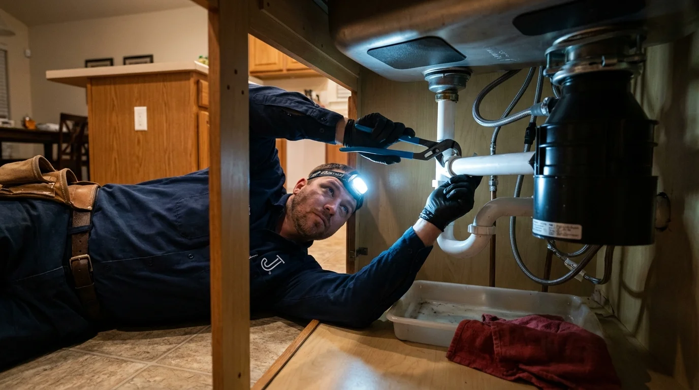 P-trap and supply line connections under a kitchen sink showing a common leak point in Advance, MO